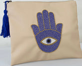 Hamsa hand with evil eye on beige leather tote (All handmade )