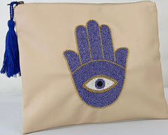 Hamsa hand with evil eye on beige leather tote (All handmade )