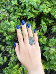 Calligraphy Silver Ring With Green Stone ( Adjustable )