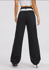 Graphic Print Colorblock Patch Pocket Jeans