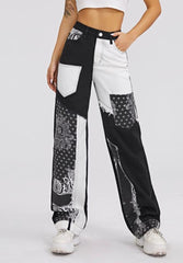 Graphic Print Colorblock Patch Pocket Jeans