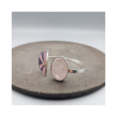 Half moon Silver & Copper Bangle with Enemal & Rose quartz