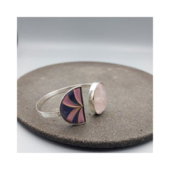 Half moon Silver & Copper Bangle with Enemal & Rose quartz