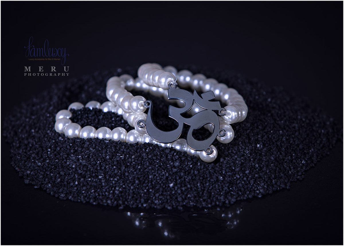 Handmade 3 Rows Pearls With Silver OM at the middle