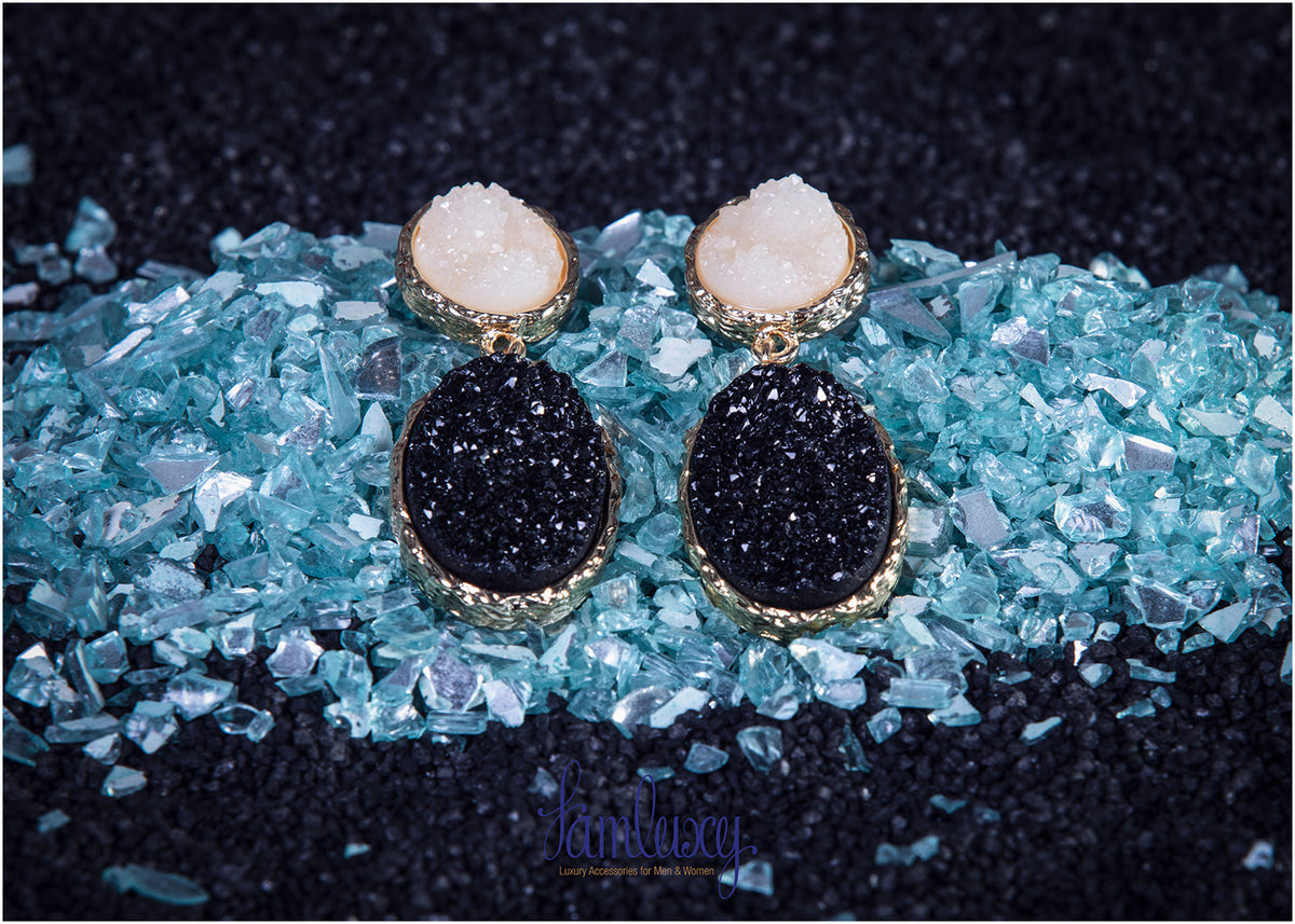 Gold Plated Black And White Shiny Stone Earring
