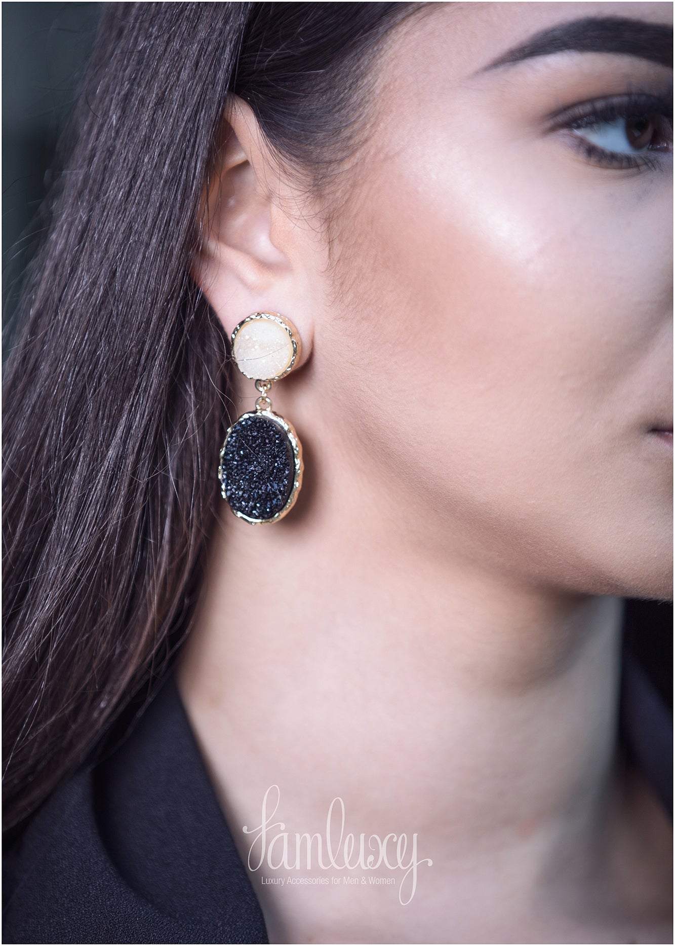 Gold Plated Black And White Shiny Stone Earring