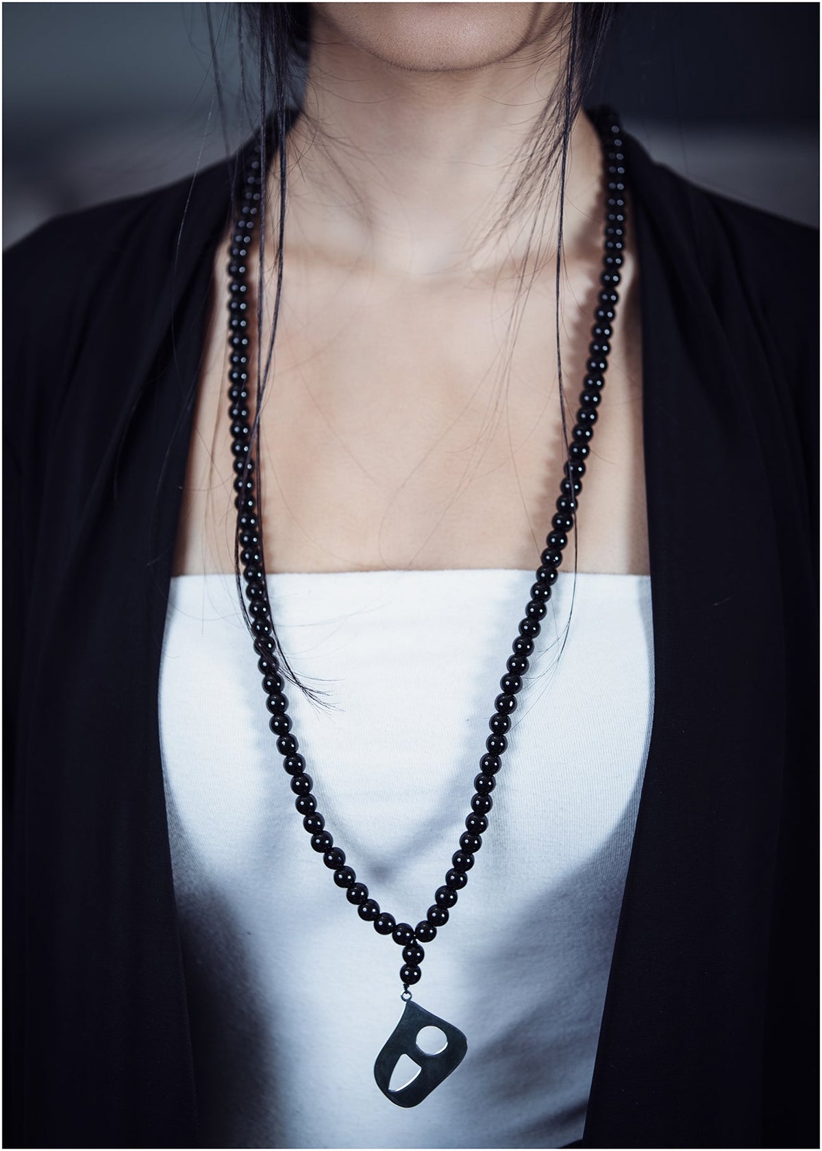 Handmade Natural Stone Long Necklace (Onyx) with silver calligraphy pendent