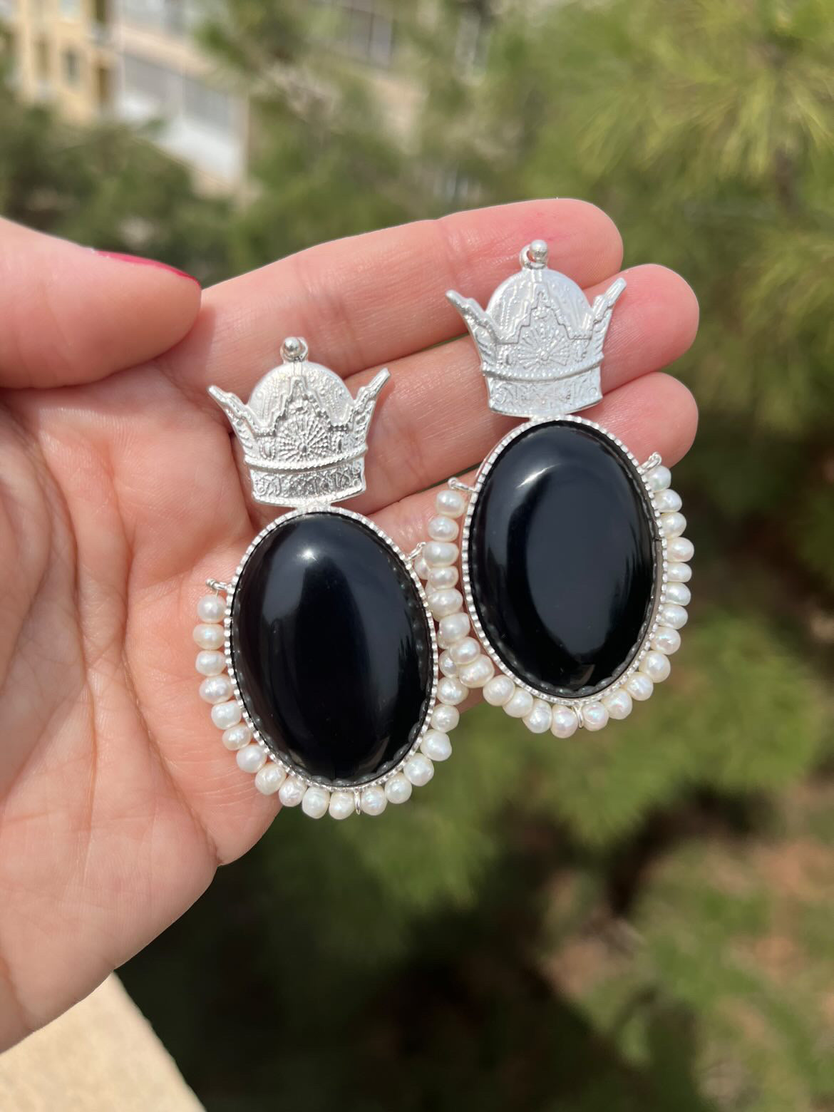 Silver handmade Onyx Earring with pearls