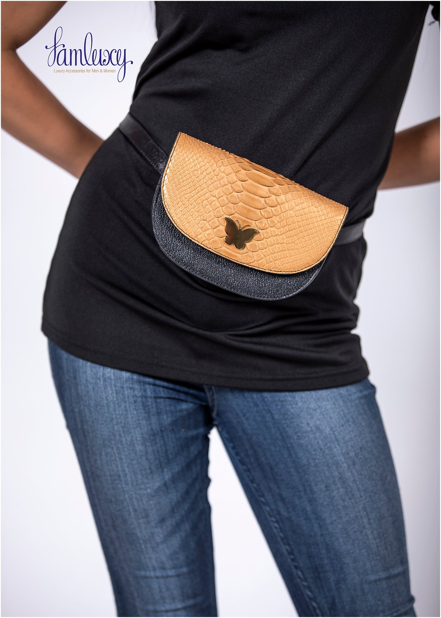 Liliy Mini Belt /Cross Bag; Black Camel with Python Leather