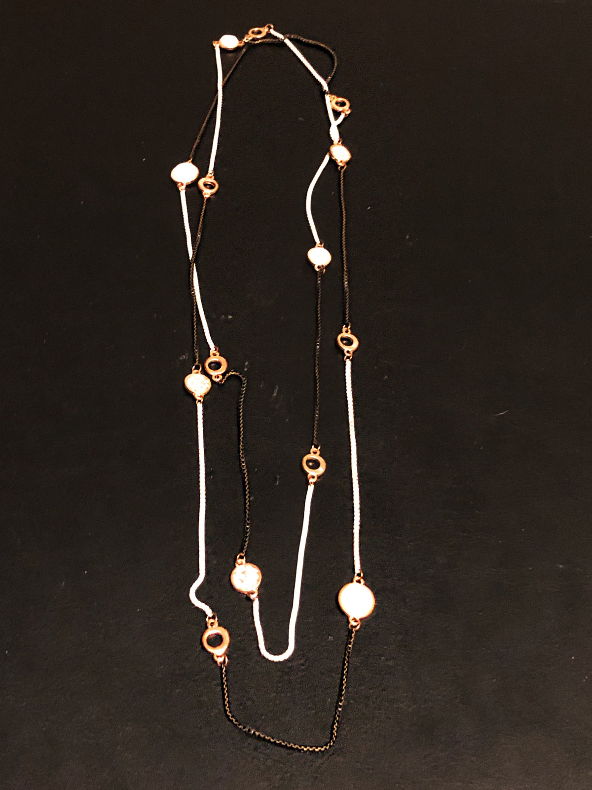 Long Necklace, Black and White with Rose Gold Design