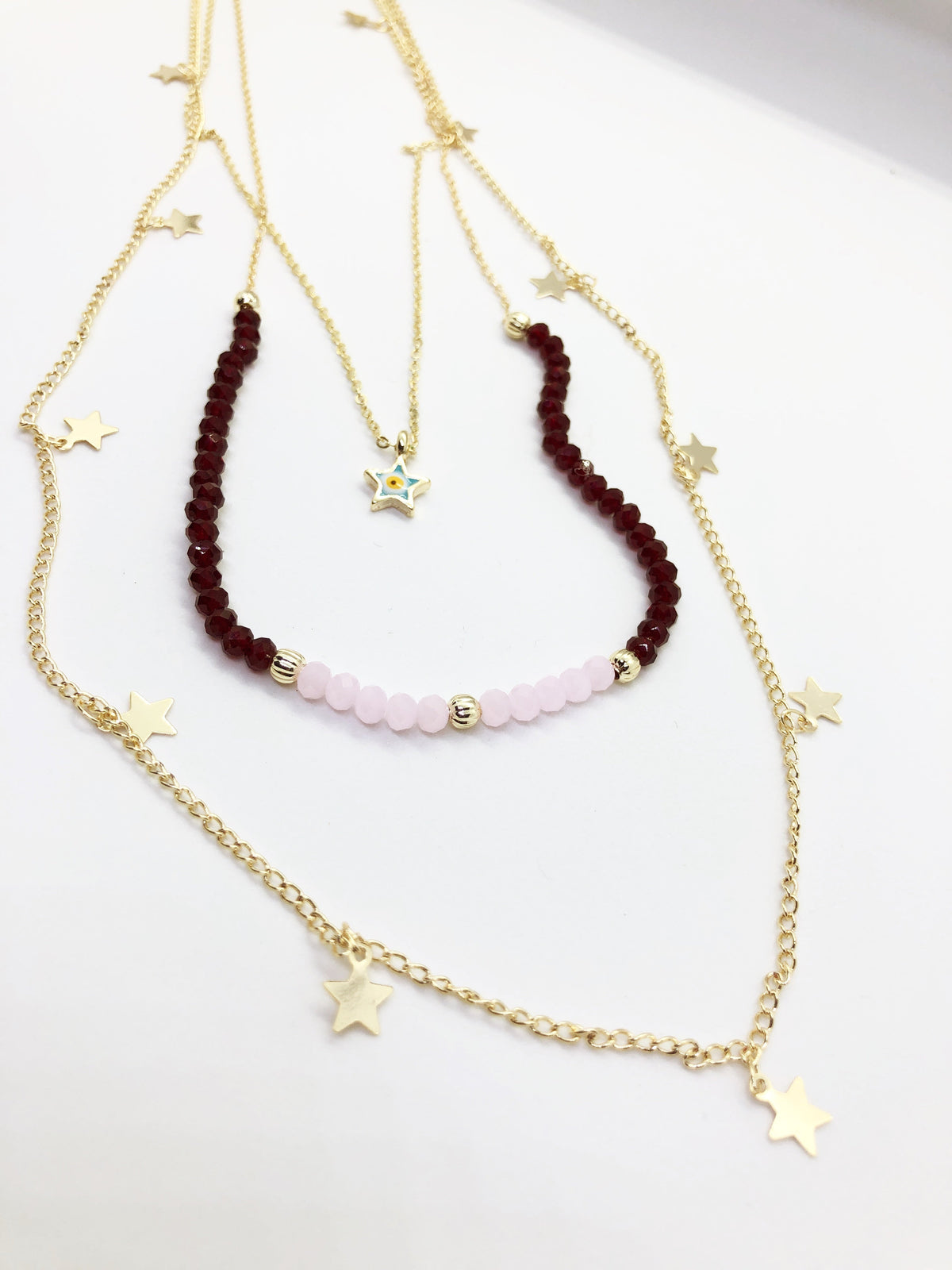 Long Gold Necklace with 3 layer with Mini Evil Hamsa Eye