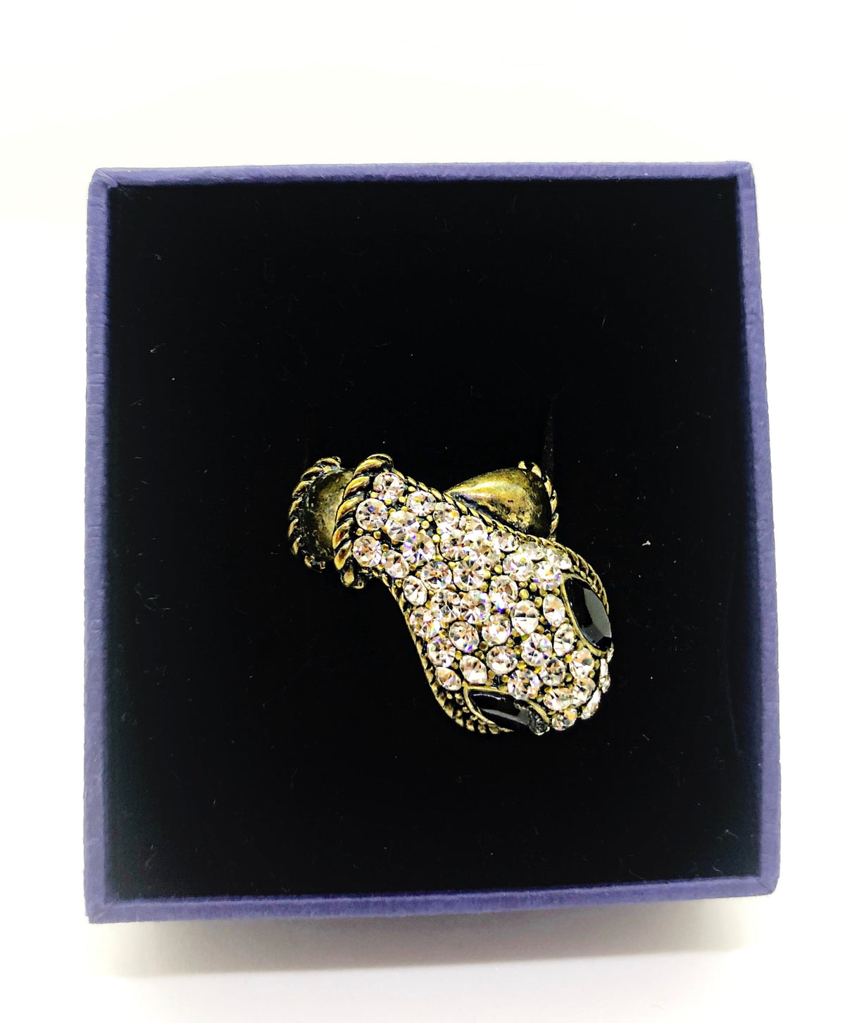 Gold Snake Head Ring With Onyx And Zirconia Stones