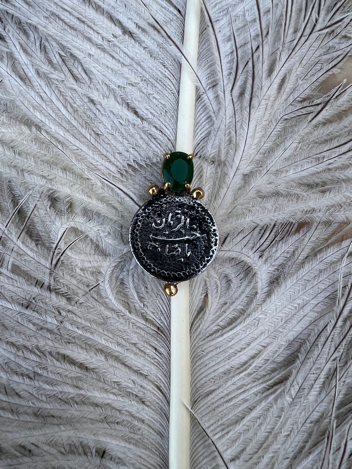Calligraphy Silver Ring With Green Stone ( Adjustable )