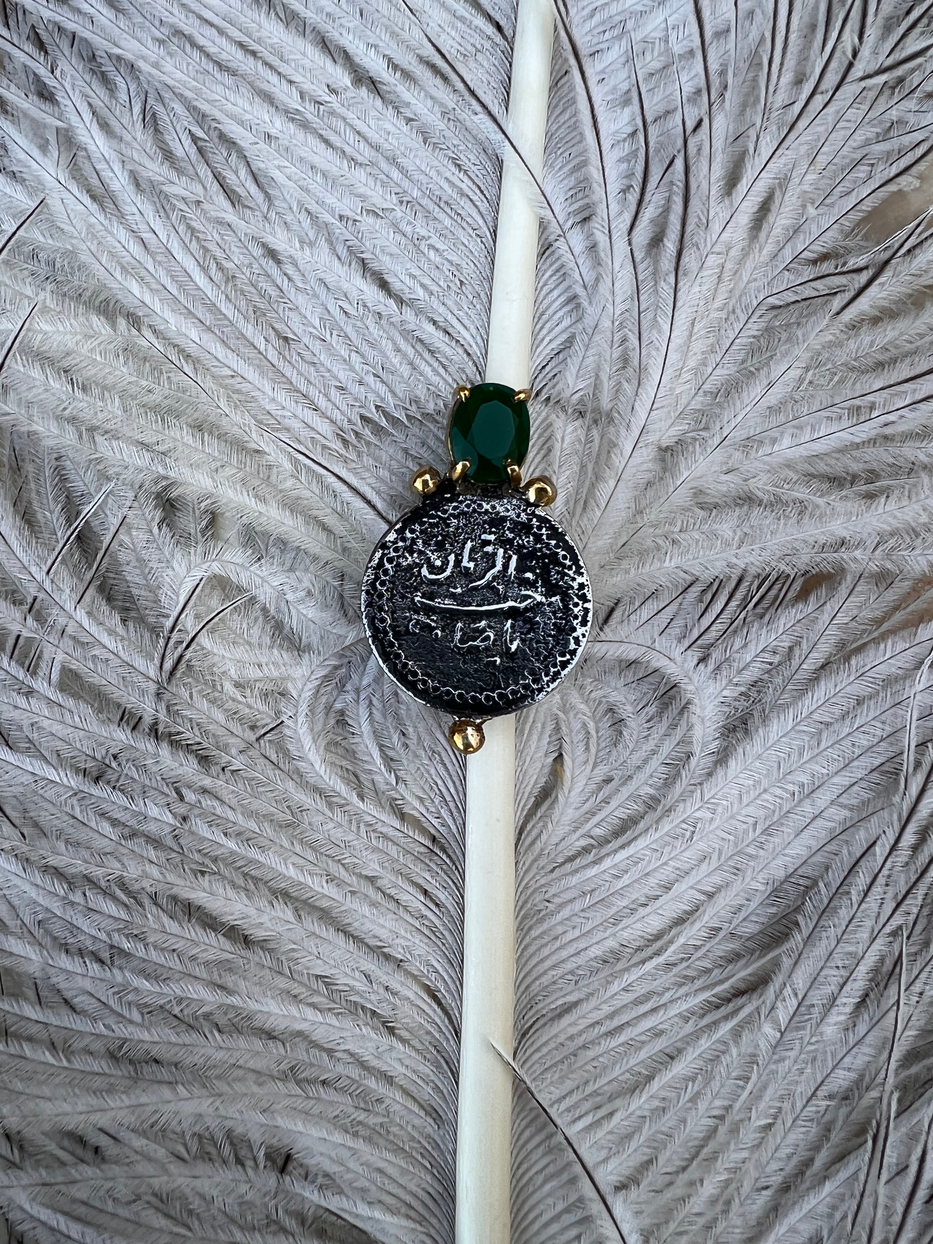 Calligraphy Silver Ring With Green Stone ( Adjustable )