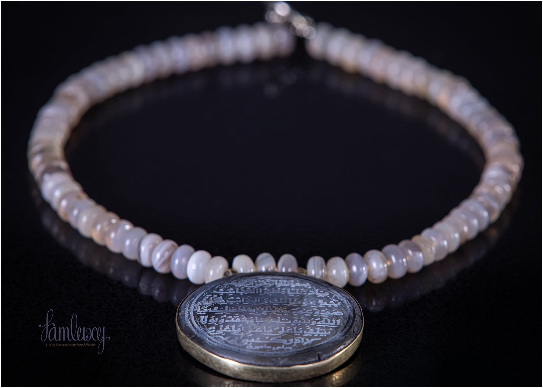 Handmade Natural Stone (Agate) Necklace With Calligraphy On Pendent