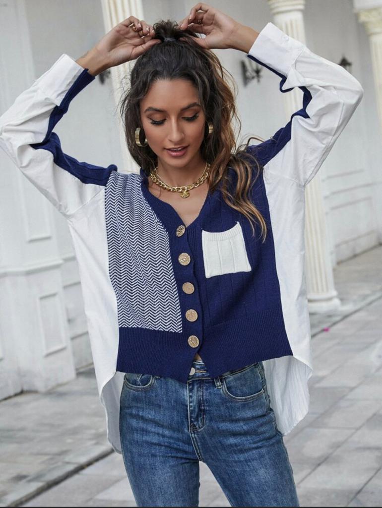 Contrast Panel Chevron Pattern High Low Cardigan