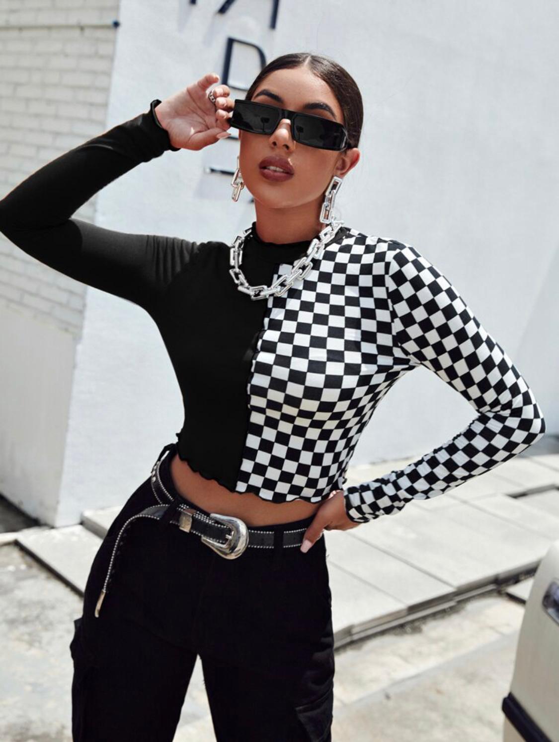 Mock Neck Lettuce Trim Colorblock Checked Tee