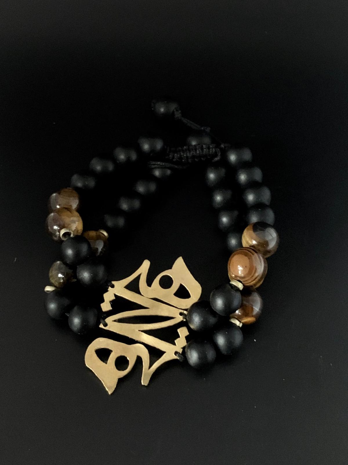 Natural stone ,2 rows bracelet with gold platted calligraphy (Hich)