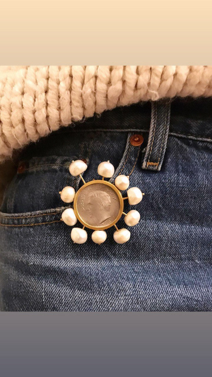 Handmade Gold plated silver coin Brooch with Pearl