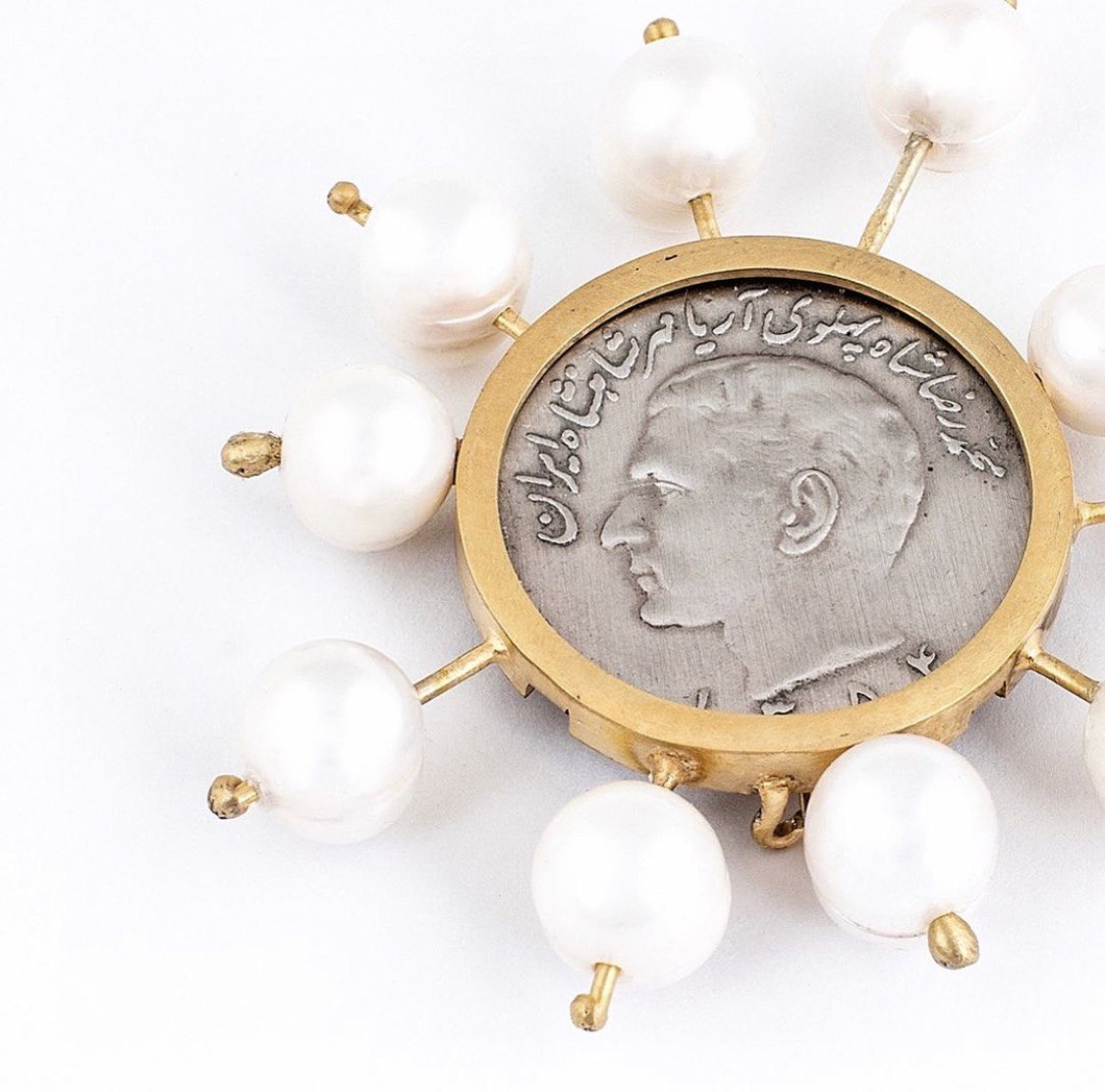Handmade Gold plated silver coin Brooch with Pearl