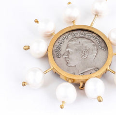 Handmade Gold plated silver coin Brooch with Pearl