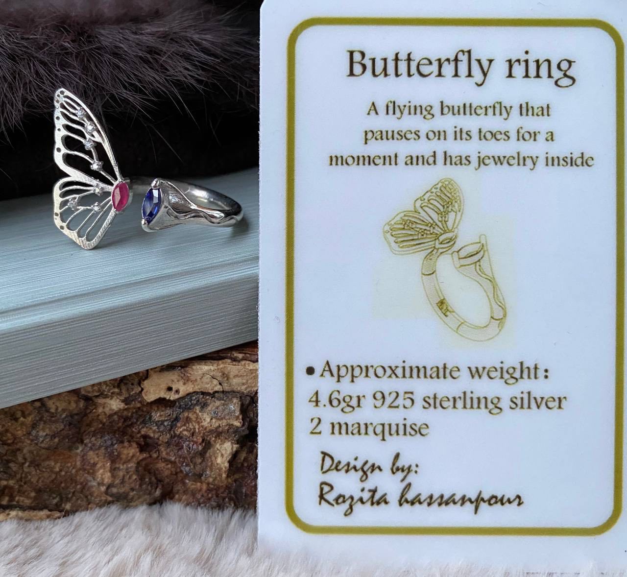 925 Silver Butterfly Ring with Zirconia ,Ruby & Lapis stones