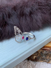 925 Silver Butterfly Ring with Zirconia ,Ruby & Lapis stones