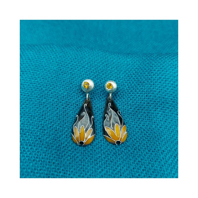 Flower Silver & Copper Earrings with Enemal