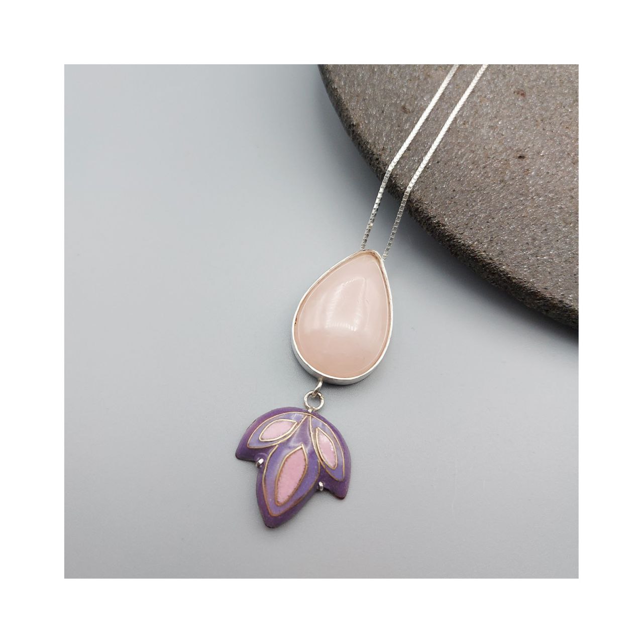 Lotus Silver & Copper Necklace with Enemal & Rose quartz