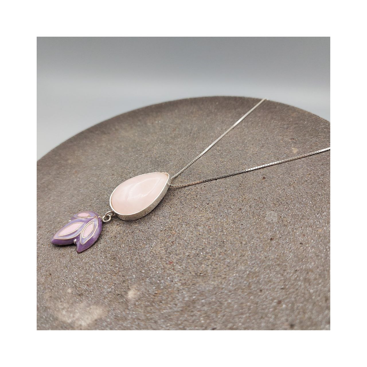 Lotus Silver & Copper Necklace with Enemal & Rose quartz
