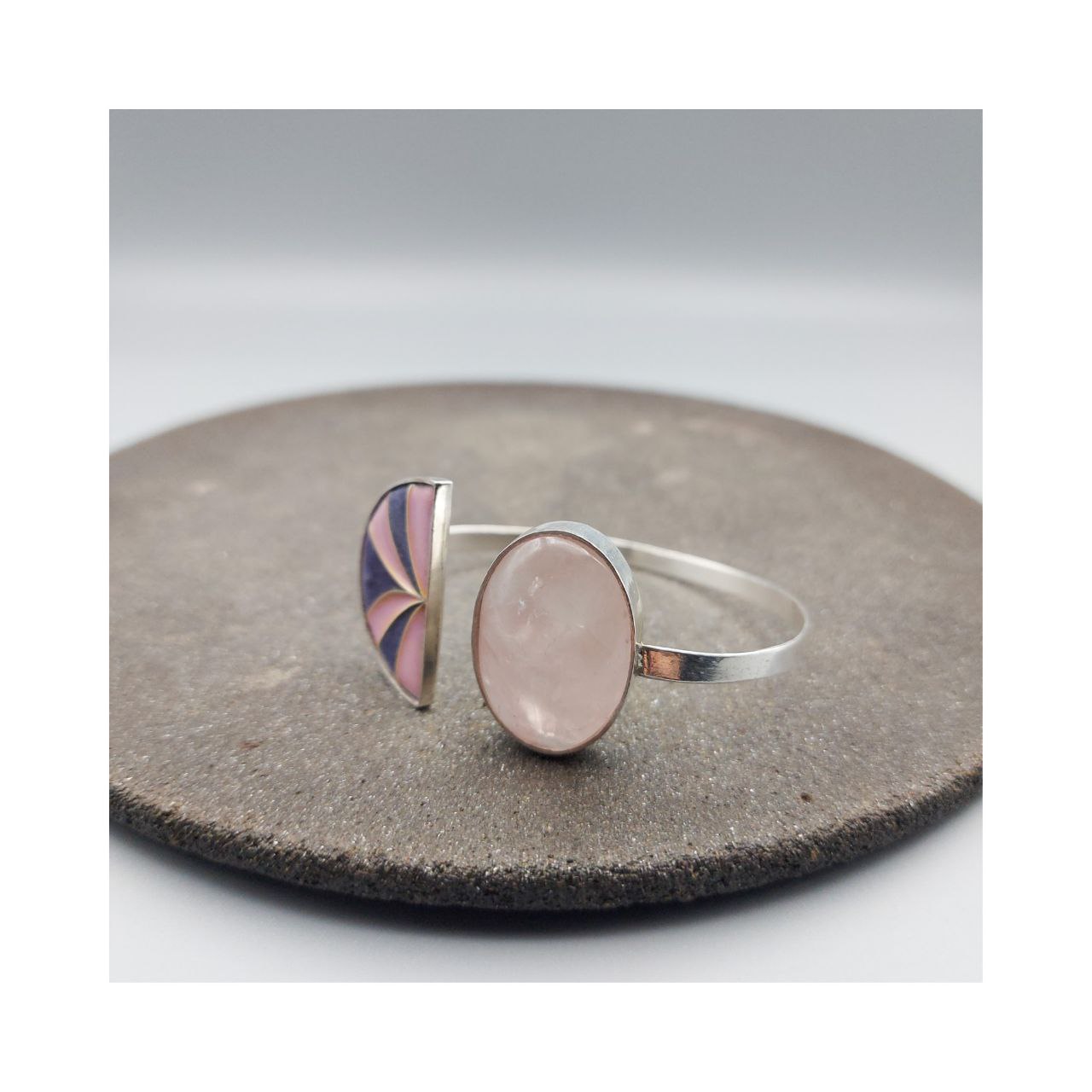 Half moon Silver & Copper Bangle with Enemal & Rose quartz