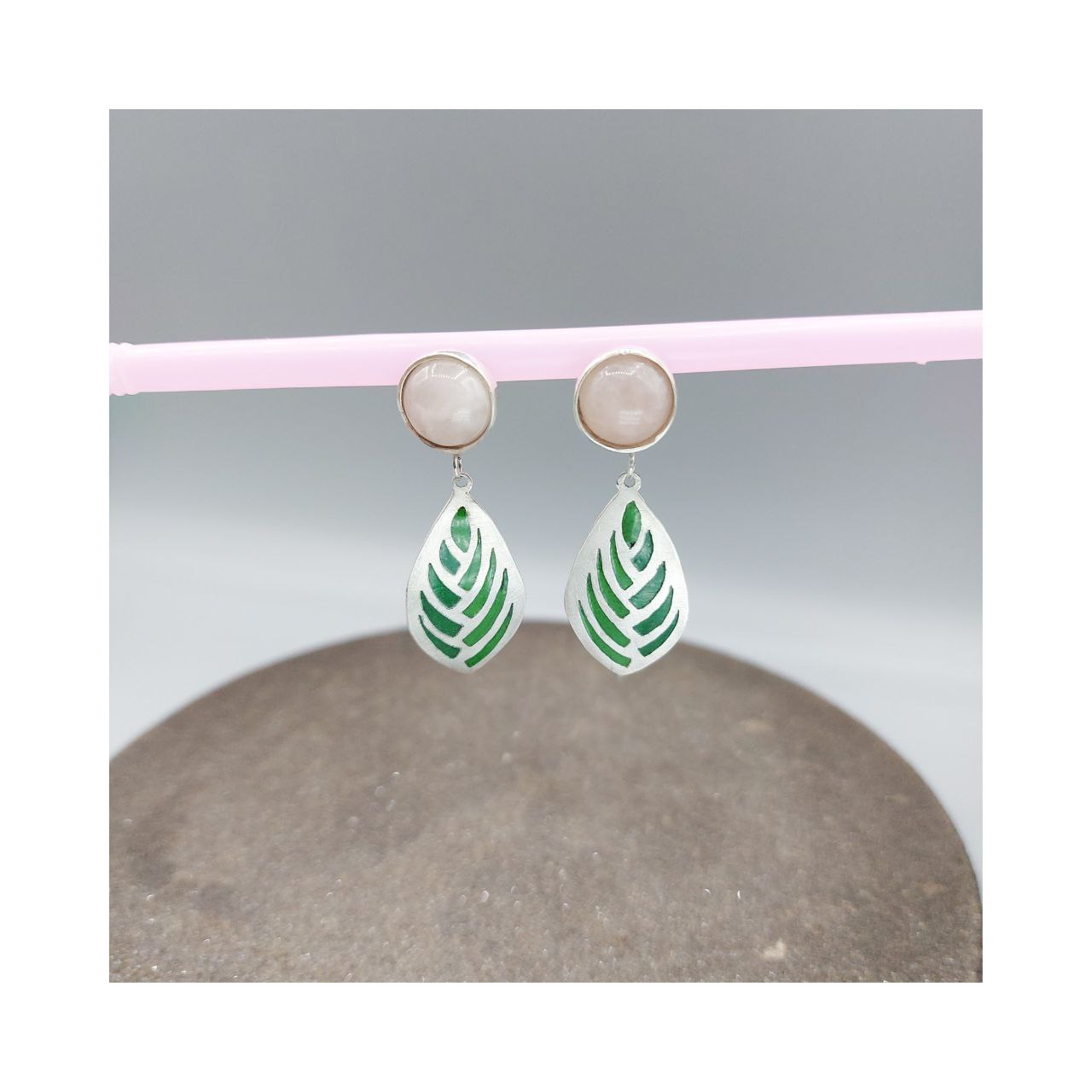 Green leaf Silver with Enemal & Rose quartz