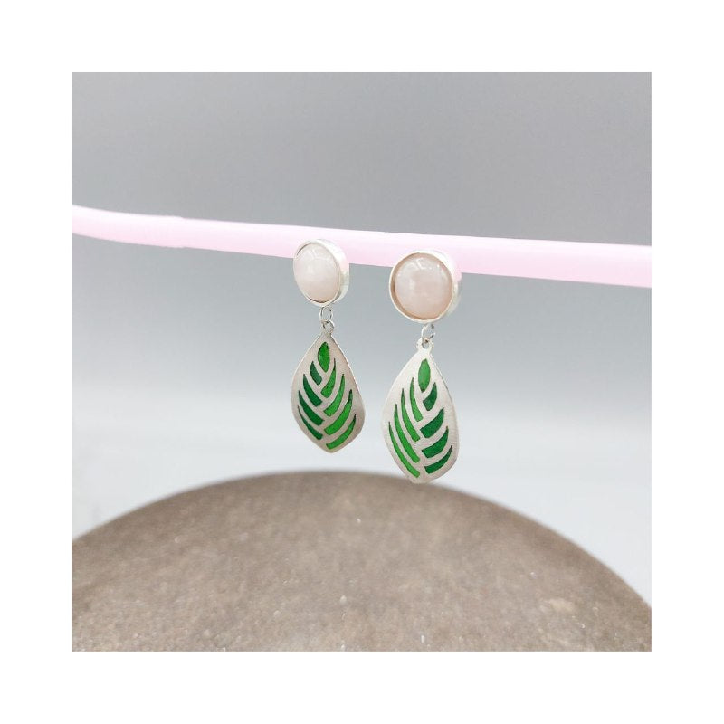 Green leaf Silver with Enemal & Rose quartz
