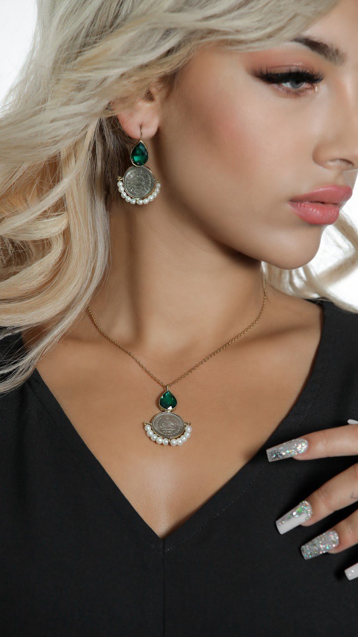 Handmade original coins set with Jade stone and Pearl
